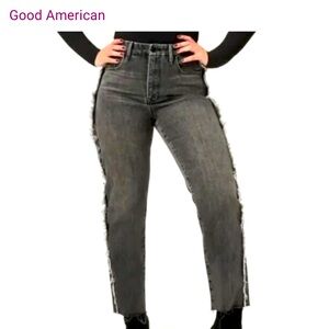 Good American, black wash jeans with fringe
